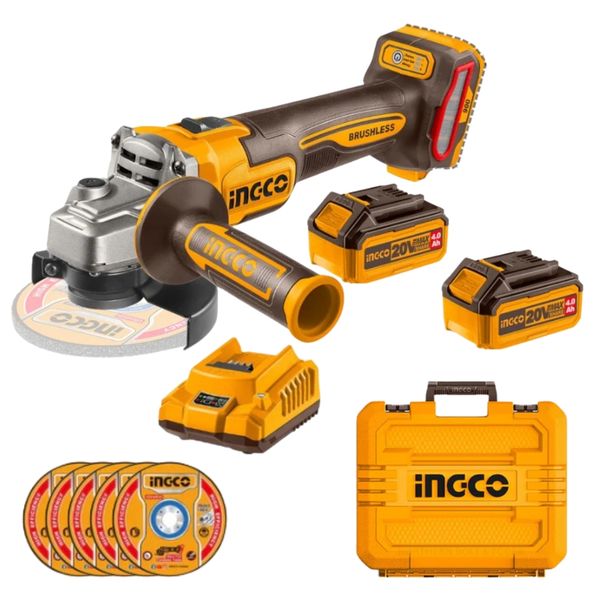 Ingco - Cordless Angle Grinder 115mm with 4Ah Batteries, Charger &amp; Discs