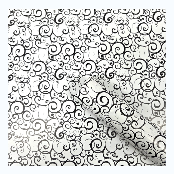 Black Curls on White Gift Wrapping Paper -(10 Meter) Roll