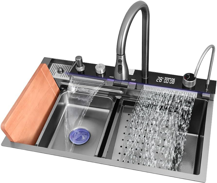 HOMEPOLA LED Stainless Kitchen Sink Waterfall Push Button Temp Control