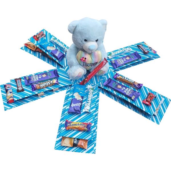 Blue Delight | Large Teddy 2-Layer Explosion Box | Gift Hamper