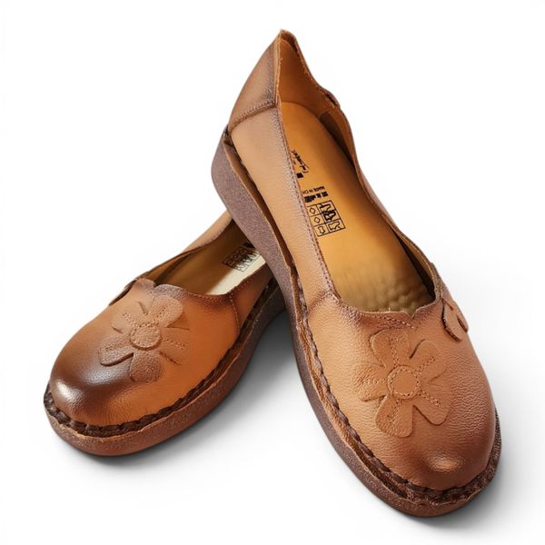 Ladies Genuine Leather Comfort Shoes - Brown Flower Slip-On Casual Pumps