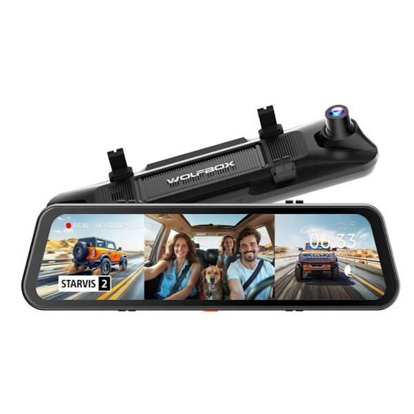 WOLFBOX G900 TriPro 3-Channel Mirror Dash Cam 4K Front, 2.5K Rear &amp; Bumper