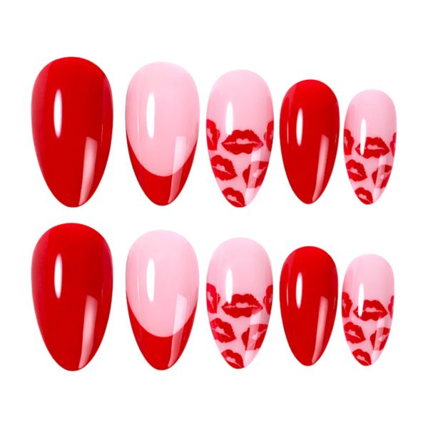 24-Piece Almond Press-On Nails Set - Red &amp; Blush Design With a Gloss Finish