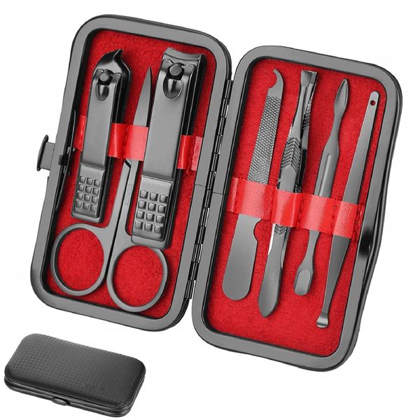 Set of 7 Stainless Steel Manicure Pedicure Nail Grooming Kit - Black
