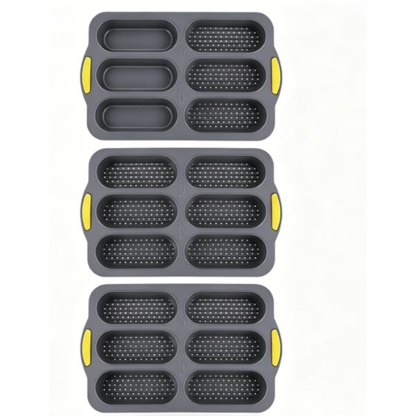 6 Cavity Silicone Baguette Bread Pan Grey 3 Pack