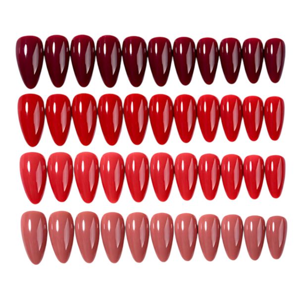 98pcs Almond Press-On Nails - Glossy Red &amp; Nude Collection - 4 Style Set
