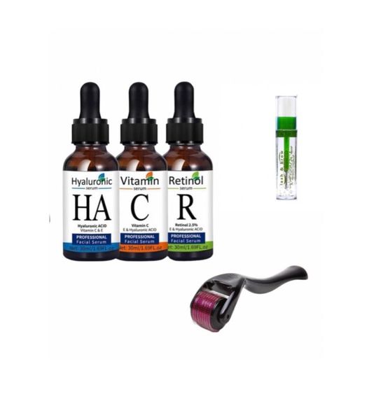 Serum Set - Hyaluronic Acid &amp;Vitamin C &amp; Retinol, Derma Roller, Clear Mascara