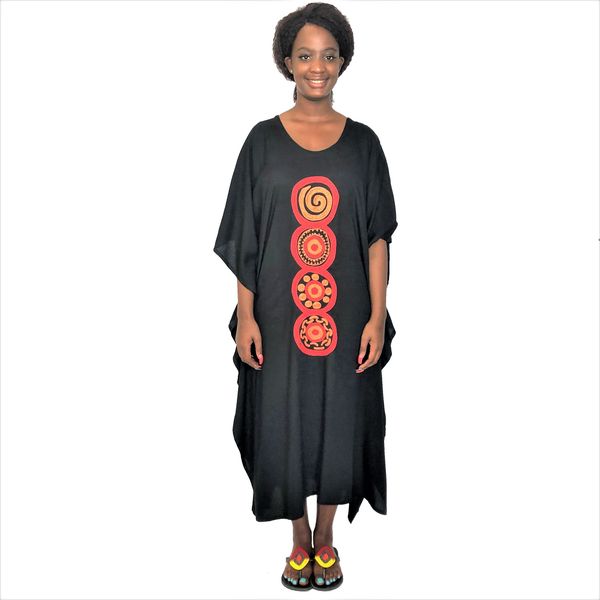 Into Africa - African Circle hand embroidered long kaftan maxi dress Red