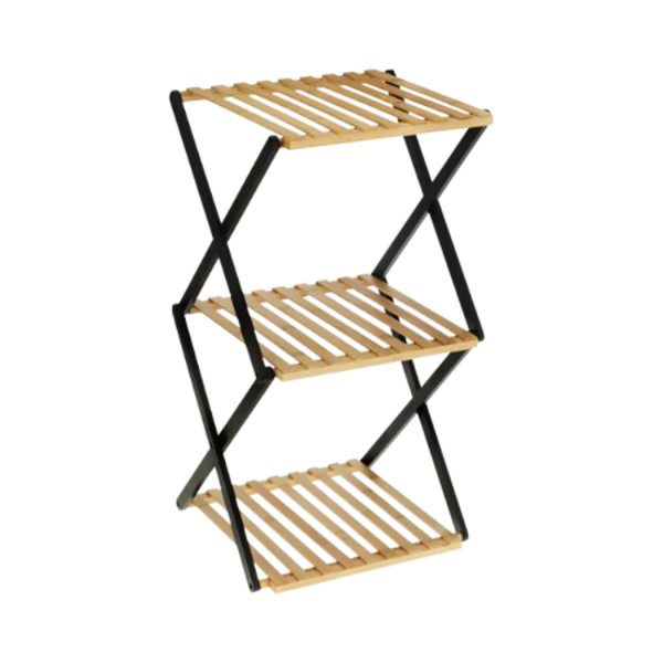 3-Tier Foldable Bamboo Storage Shelf with Black Metal Frame