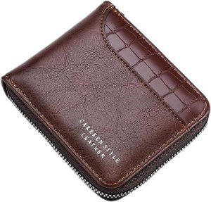 Men's Zipper Card Holder Short Wallet PU Leather with 9 Compartment - Brown