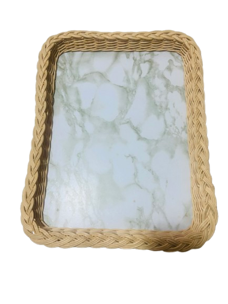 Stylish Hand-Woven Rectangular Serving Tray with Elegant Marble-Look Base
