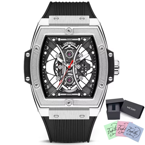 Megir - Men Luxury Silicone Strap Hollow Tonneau Watch - Red Black