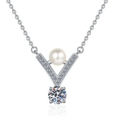 1ct Moissanite Pearl Choker | 925 Silver V - Shape Casual Necklace