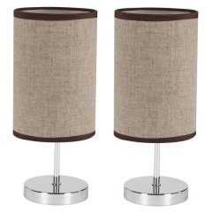 Elegant Chrome Bedside Lamps with Light Brown Fabric Shades