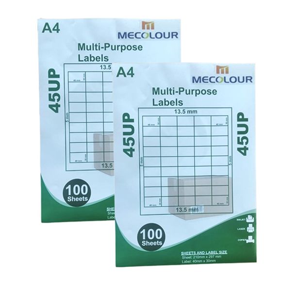 Mecolour 45 up / 45up A4 - 100 Sheets Barcode Self Adhesive Label x2 Pack