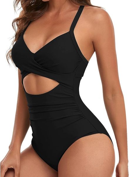 One Piece Swimsuit Bath Suit Tie Back With Chest Pad Stylish Women - Black