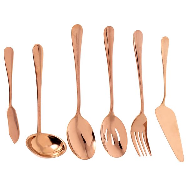6-Piece Serving Flatware Silverware Set,Serving Utensil Set,Rose Gold