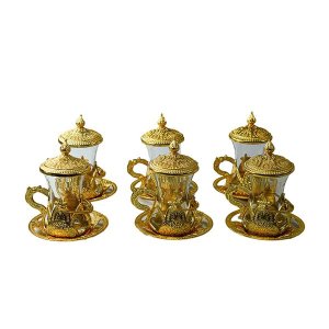 Vintage 6 pcs Turkish Tea Set with Saucer Gold Plated Holder