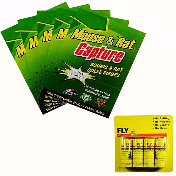 5pcs Rats Trap Boards &amp; 4 Rolls Insect Flies Glue Catcher Sticky Tape Strip