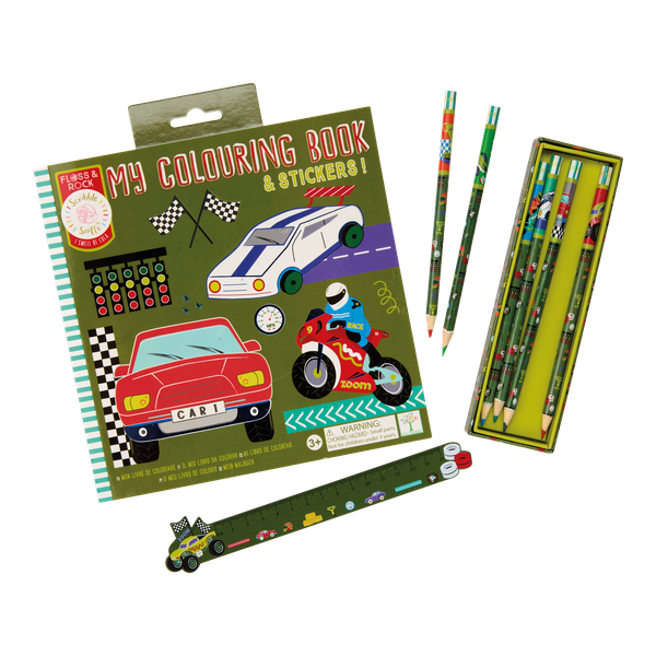 Floss &amp; Rock Colouring Book, Pencils and Ruler Set Cars