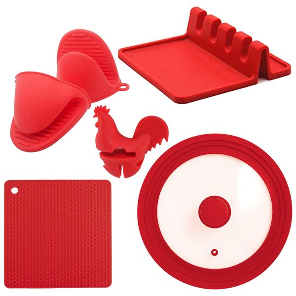 6 Pieces Glass Pot Lid, Silicone Oven Gloves, Trivet, Spoon Rest &amp; Holder- Red