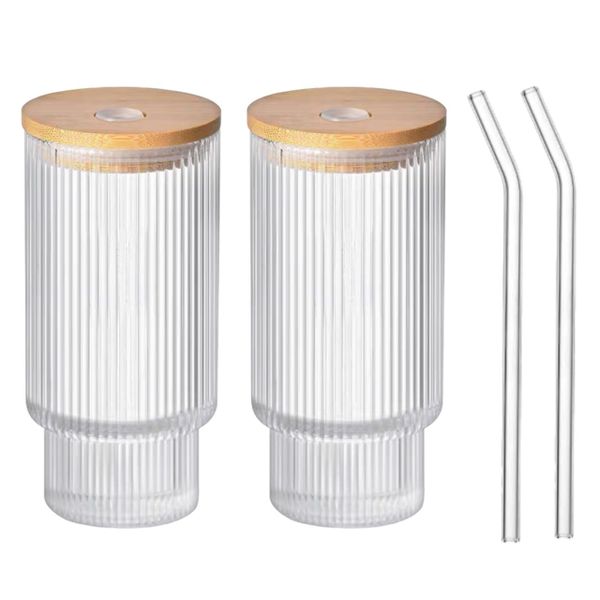 16oz Ribbed Drinking Coffee Tea Glasses with Bamboo Lids and Straws 2 Pack