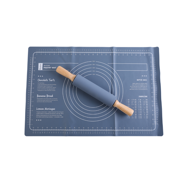Silicone Baking Mat (with Measurements) &amp; Oak-Silicone Rolling Pin Set