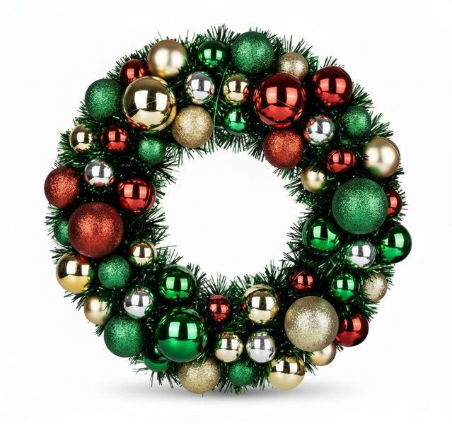 Festive Christmas Wreath with Tinsel and Baubles - 33 cm