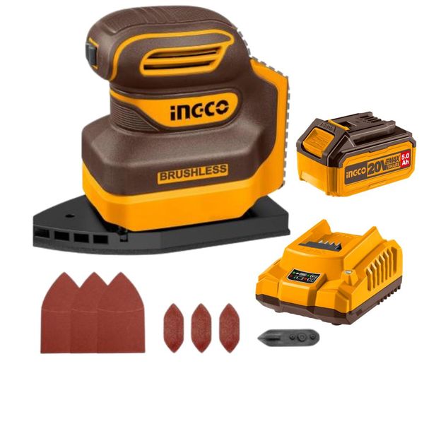 Ingco - Cordless Brushless Palm Sander with 5.0Ah Battery &amp; Charger