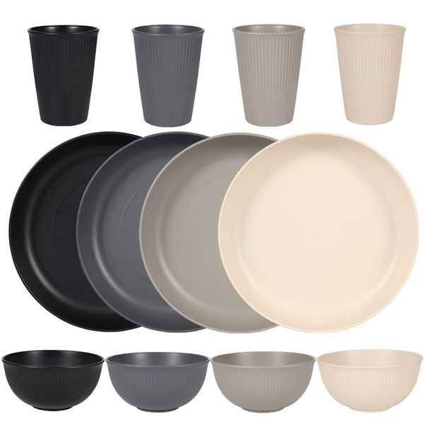 12PCS Elegant Color Wheat Straw Dinnerware Set with Vertical Stripe Design