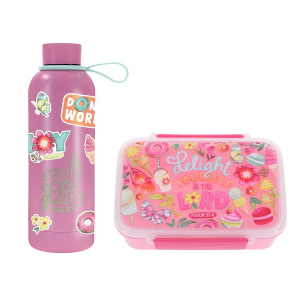 Pink Plastic Lunch Box,Ps 37:4 &amp; Pink Joyfull S/Steel Water Bottle