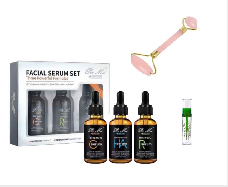 Silver Serums Set- Vitamin C, Hyaluronic Acid &amp; Retinol, Face Roller &amp; Brow