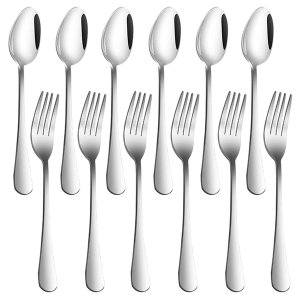 Set of 12, Stainless Steel Dinner Forks (8 Inch) and Spoons (7 Inch)