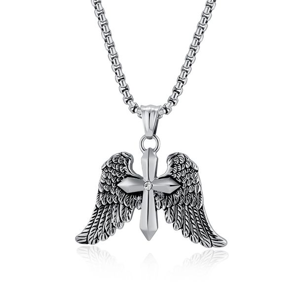 Vintage Archangel Double Winged Cross Necklace Men's Punk Hip Hop Style