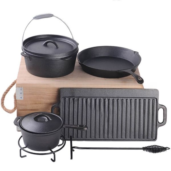 7- Pieces Camping Cooking Set Pre-Seasoned Cast Iron Camping Set With Box