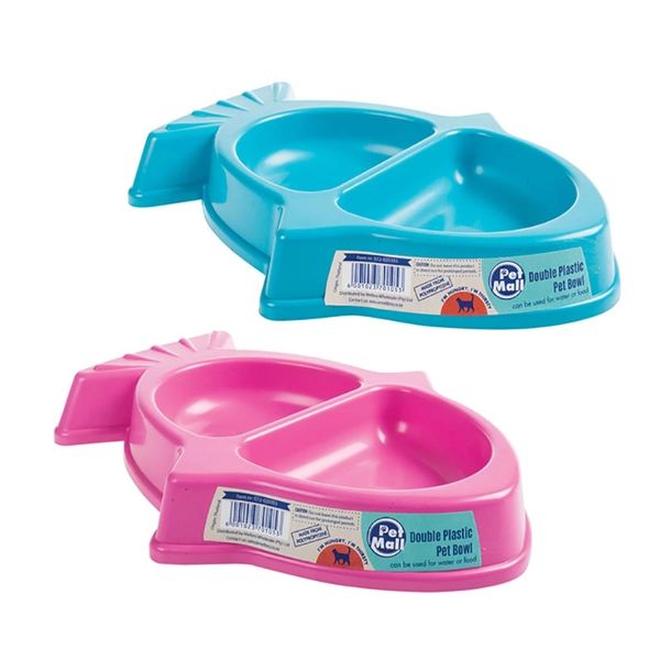Fish Shape Food and Water Bowl for Cats (Blue &amp; Pink) Set of 2