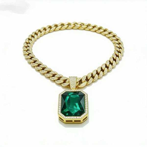 Square Colored Gemstone Necklace Pendant Hip Hop Full Diamond Cuban Chain