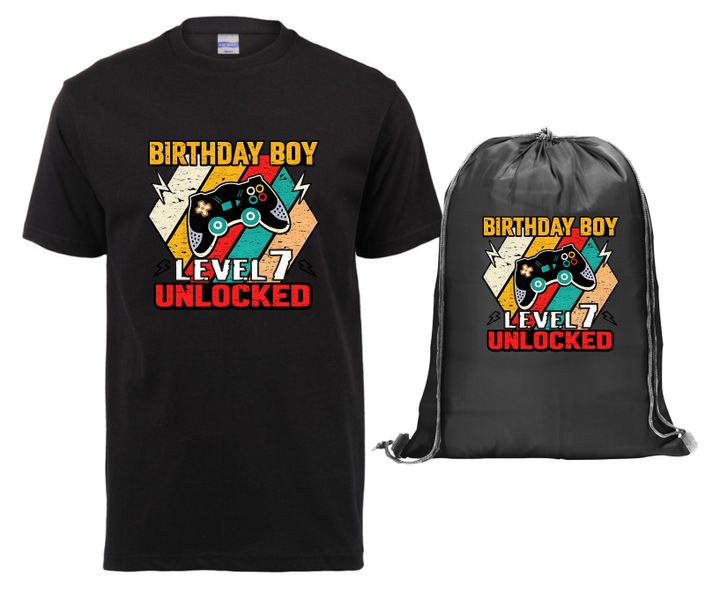 Birthday - Level 7 Unlocked Kids T-shirt and Drawstring Bag Combo