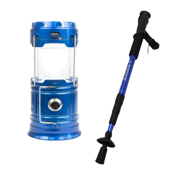 Aluminium Collapsible Trekking Pole - Blue &amp; Solar Camping Lantern Combo