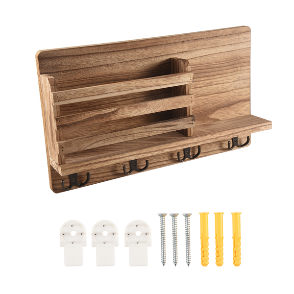 Wall Mounted Mail Holder Wooden Mail Sorter Organizer,with 4 Double Key Hoo