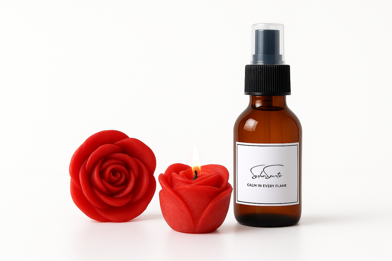 2 x Mini Red - Wax Flower Candle With Linen Spray