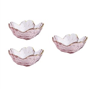 Small Glass Plate with Golden Border Cute Style Sakura Bowl- 3 Piece