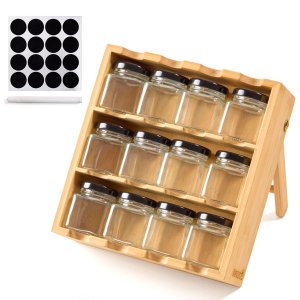 Chenshia 3 Tier Bamboo Spice Rack Shelf with 12 Glass Jars Storage &amp; Labels