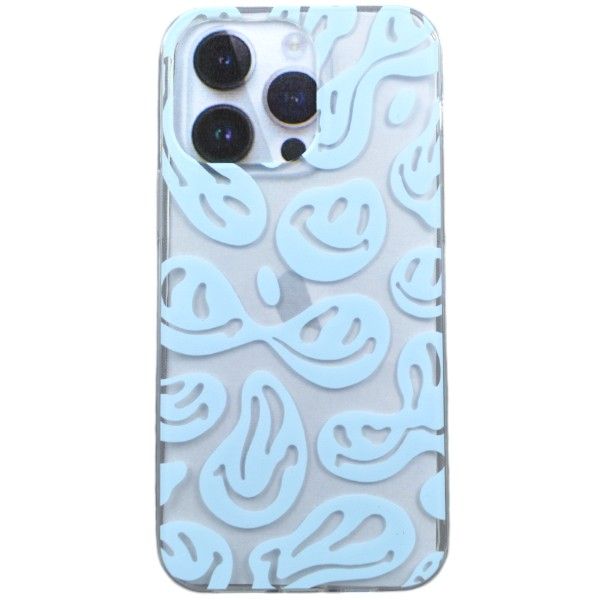 Blue Abstract Smiley Print Phone Case For iPhone 14 Pro Max - Transparent