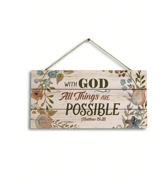 With God All Thing Are Possible Slogan Wooden Hanging Decor Plaque Sign