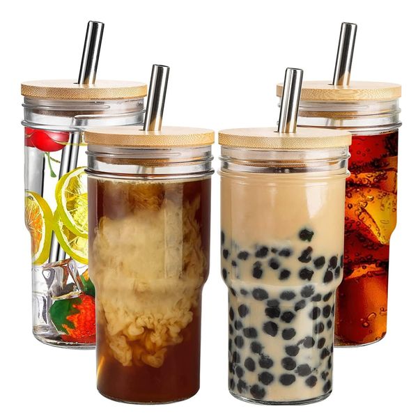 4Pk Glass Cup Set with Lids and Straws Reusable Boba Cups Drinking Glasses