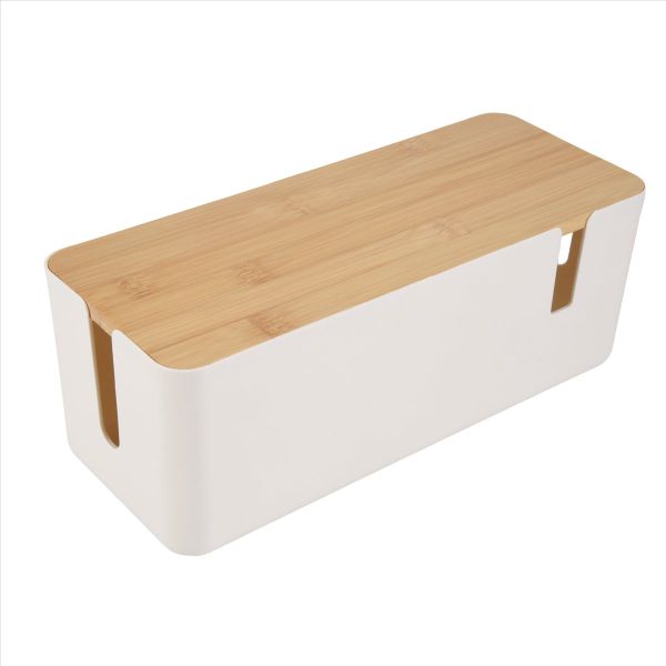 Cable Management Box with Bamboo Lid for Extension Cord (Black)