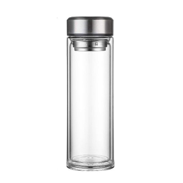 Portable Double-Wall Glass Water Bottle With Filter - Transparent