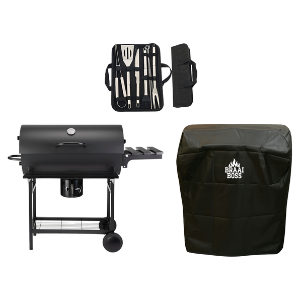BraaiBoss 70cm Charcoal Barrel Braai with Shelves, Cover &amp; Braai Tool Set