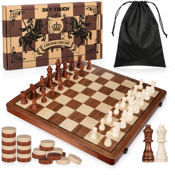 SKY-TOUCH Magnetic Wooden Chess Set, Portable Folding Game Board, Age 3+
